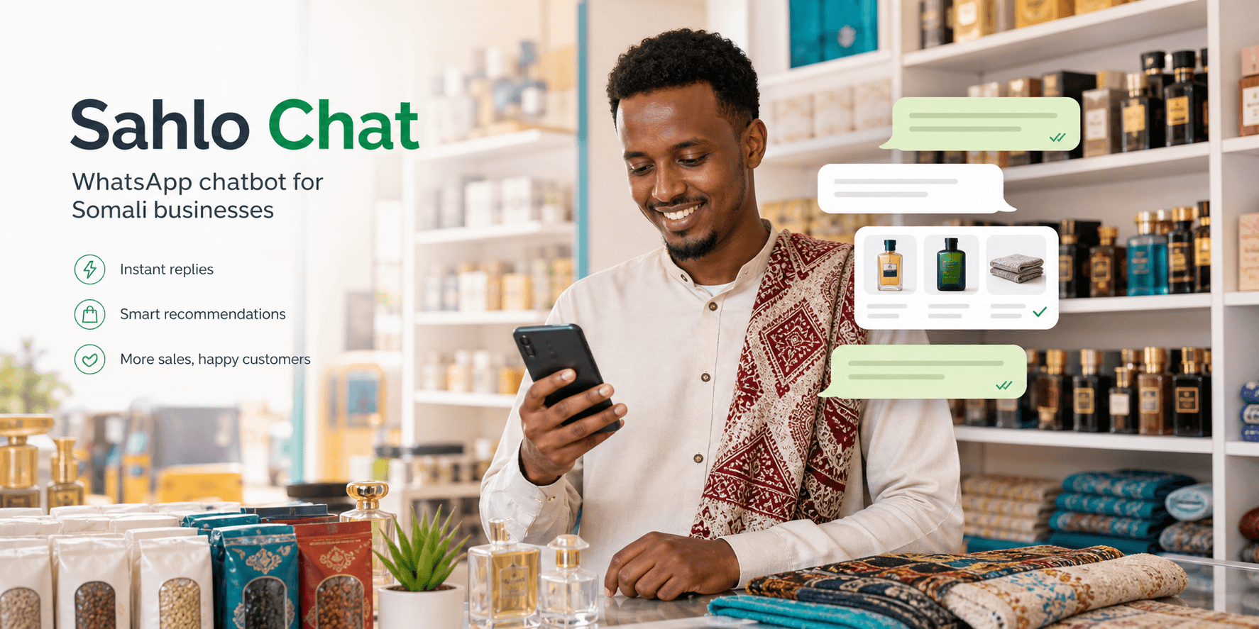 Somali shop owner using Sahlo Chat